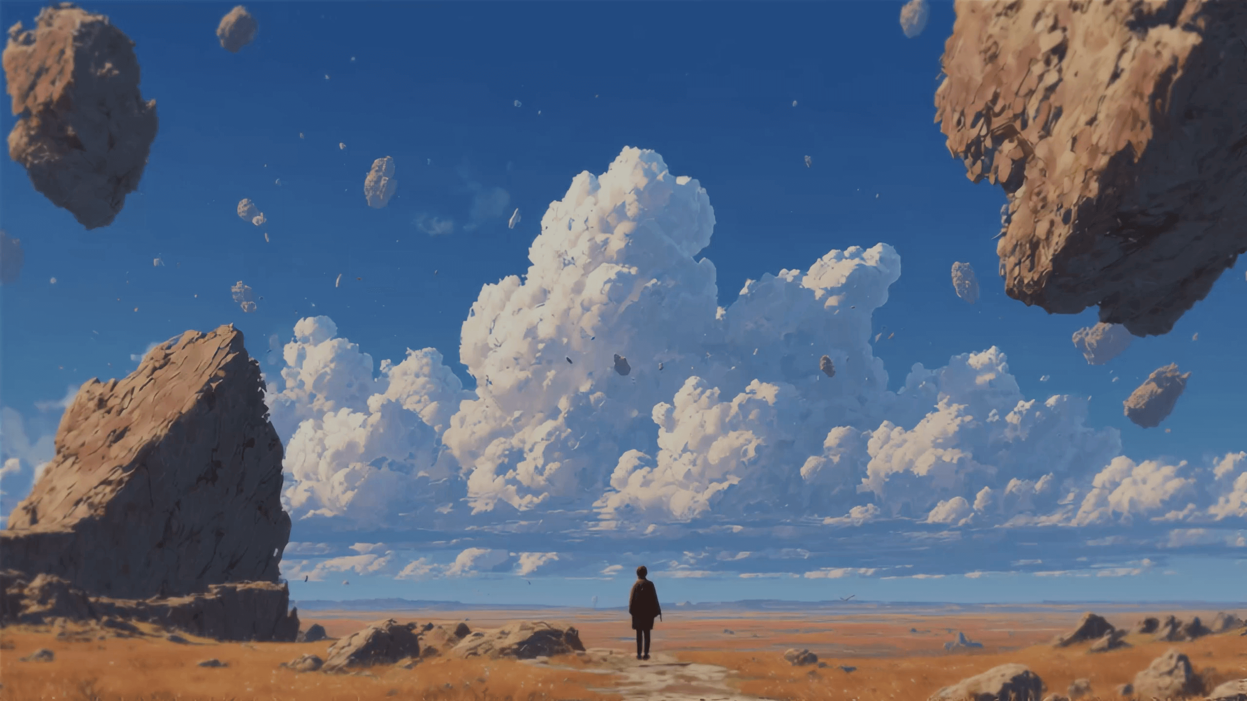 Expansive sky with floating stones and clouds